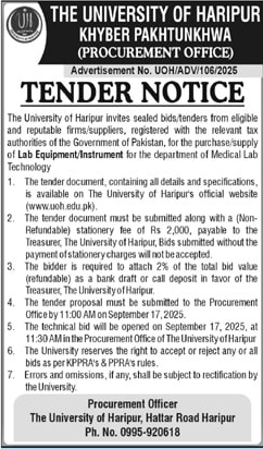 The University of Haripur Tender Notice
